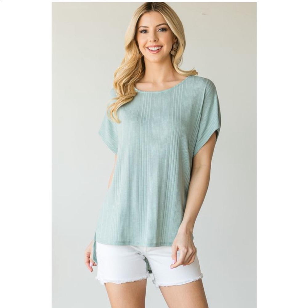 Blue Sage Open Back Ribbed Short Sleeve Top - Picture 2 of 16